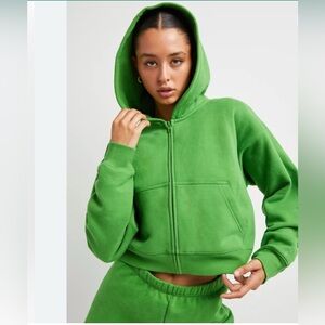 Tna Cozy Fleece Green Boyfriend Boxy Zip-Up Hoodie- Small